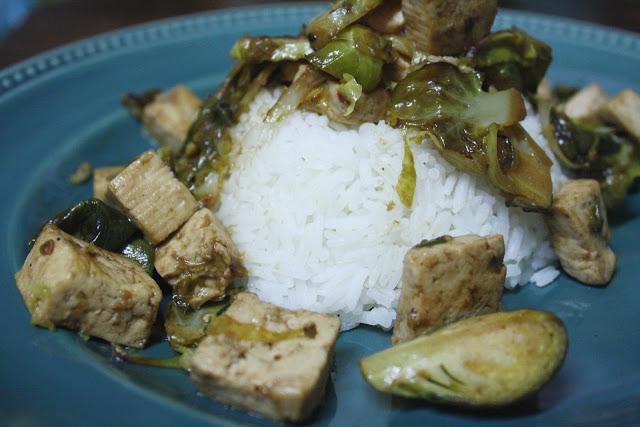on jasmine rice topped with tofu & chopped brussels sprouts...