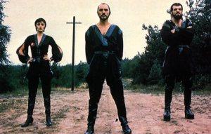 Sarah Douglas, Terence Stamp, and Jack O'Halloran as Ursa, Zod, and Non in Superman II.