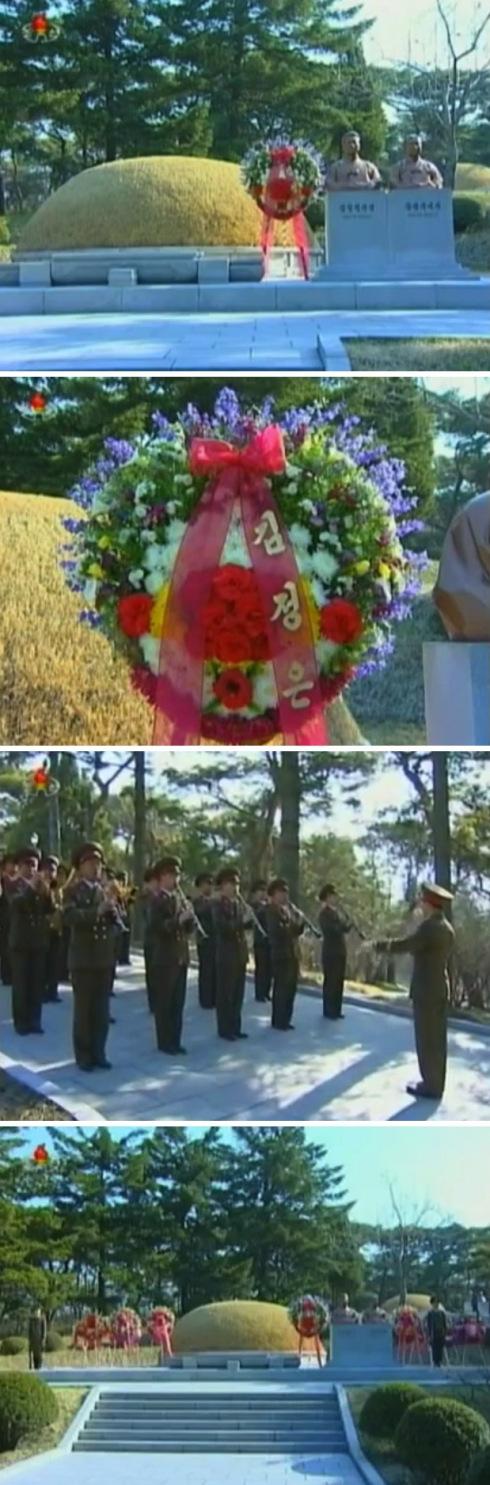 A floral wreath-laying ceremony at the grave Kang Pan Sok in Mangyo'ngdae, Pyongyang on 21 April 2013 (Photos: KCTV screengrabs)