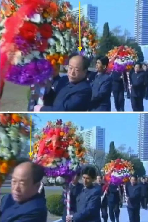 Jon Il Chun (annotated), a principal of the Taesong Group, deputy director of the KWP Finance and Accounting Department and chief of Office #39, helps carry a floral wreath to the Kang Pan Sok statue in Chilgol Revolutionary Site in Pyongyang on 21 April 2013 (Photos: KCTV screengrabs)