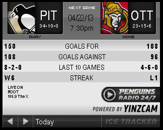Game 45 : Penguins @ Senators : 04.22.13 : Live Game Thread! Game 45 : Penguins @ Senators : 04.22.13 : Live Game Thread!