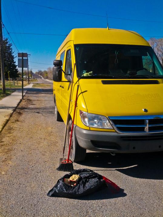 The Sprinter you can't miss, helping hold our clean-up tools.