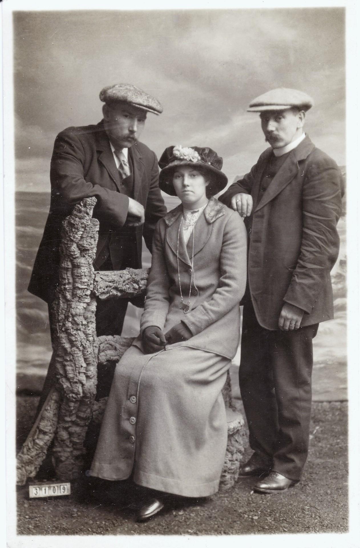 goodgulfgas:


I was just sent a photo of my 2nd great grandmother Mary Marshall (nee Gibson) by a distant Scottish cousin. It looks like her brothers were very protective!


Now I get why Harry was born wearing a wool golf cap - it was genetic!