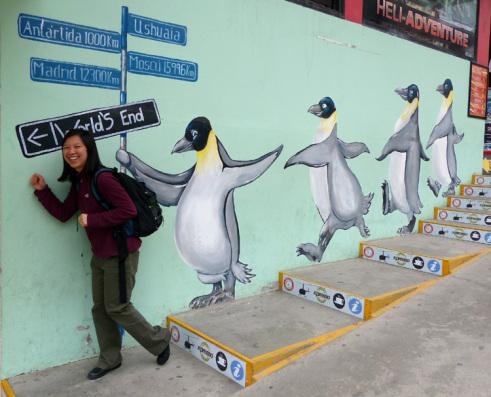 The Last Marathon (Antarctica), Act 2 Katie Ho leading penguin line in Ushuaia