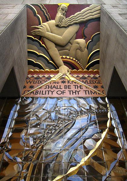 Portion of Wisdom, with Light and Sound, located above the entrance of 30 Rockefeller Center (GE Building), New York City. Photograph by Jaime Ardiles-Arce Artwork http://www.ardiles-arce.com/