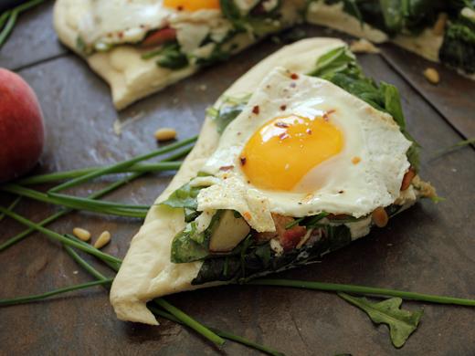 Peach, Pine Nut, and Mixed Greens Pizza with Ricotta Sauce and Fried Egg - aka Breakfast for Dinner