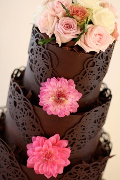 Chocolate Lace Wedding Cake with Flowers