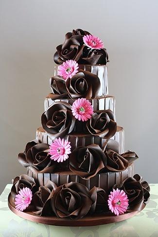 Chocolate Rose Wedding Cake with Pink Blossoms