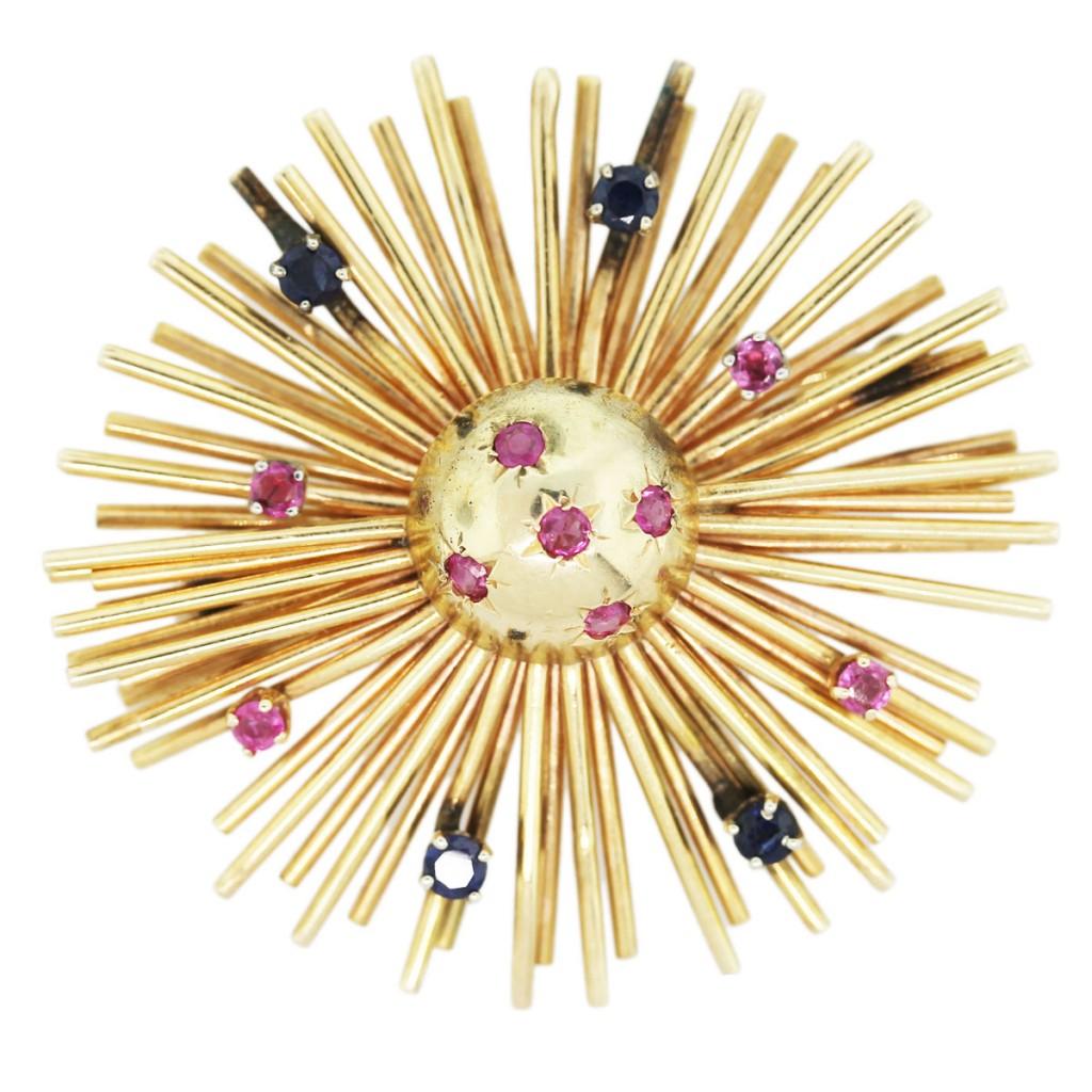 Ruby and sapphire celestial pin ruby and sapphire gold pin, retro pin, starburst pin, retro brooch