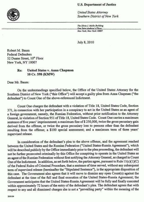 Page one of the US governments introduction of the plea agreement to send Anna Chapman back to Moscow within 72 hours of being arrested for spying.