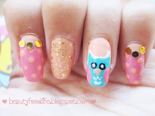ms owl in spring nail art, owl nail art, polkadot nail art, pink gold nail art, simple nail art, spring nail art, beautyfoodlife.blogspot.com,colorful nail art