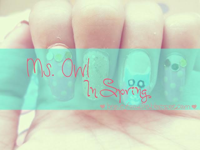 ms owl in spring nail art, owl nail art, polkadot nail art, pink gold nail art, simple nail art, spring nail art, beautyfoodlife.blogspot.com