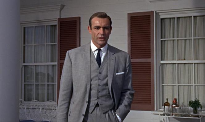 James Bond’s Iconic Goldfinger Suit Yeah, yeah, good shot of the vest and all, but can anyone identify the Bourbon on Goldfinger's bar back there?