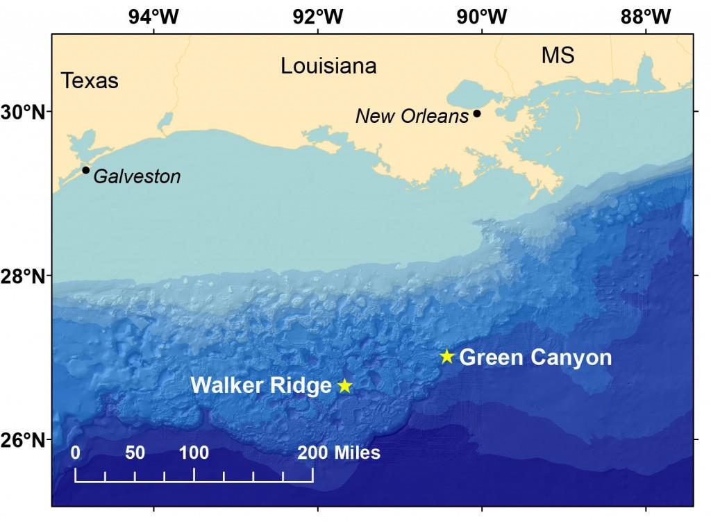 Stars show the locations of seismic surveys conducted to image previously-identified deepwater gas hydrate deposits in the northern Gulf of Mexico on the research ship Pelican during a cruise in April and May 2013. (Credit: USGS)