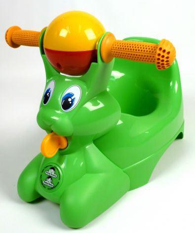 ... or a green bunny, frog, bunny-frog with handlebars, something. Kid only goes on this and he's got problems answering call of nature ... out in nature.