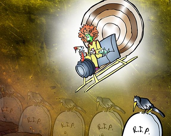 detail image from Moe Gizmo time traveler using turkey time machine to travel thru time, sees baby in cradle with yellow bird morphing into R.I.P. grave with dead flowers in pot and crow brooding on top of headstone