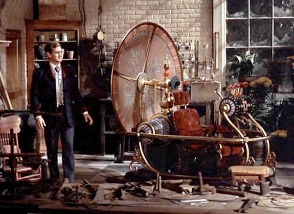 still from 1960 George Pal movie The Time Machine based on H.G. Wells' famous novel, scene star Rod Taylor as George the Time Traveler looking at the finished time machine in his laboratory