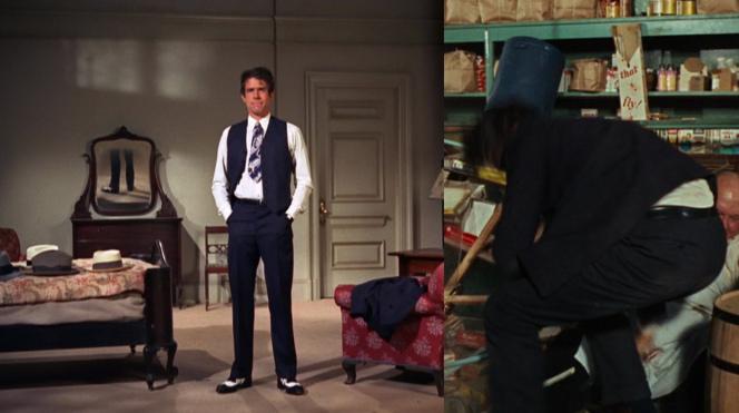 Clyde Barrow’s Dapper Dark Pinstripe Suit Left: Warren Beatty trying on various parts of his costume. Note the hats on the bed and the suit coat over the chair. Right: Beatty's pants in action.