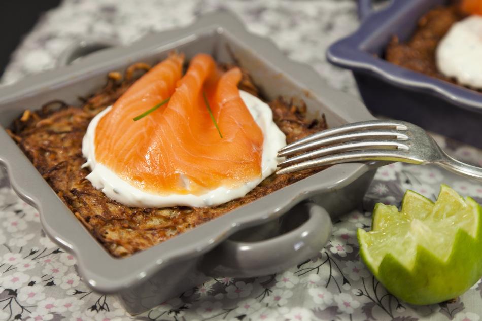 Röstis with salmon and creme fraiche - close up