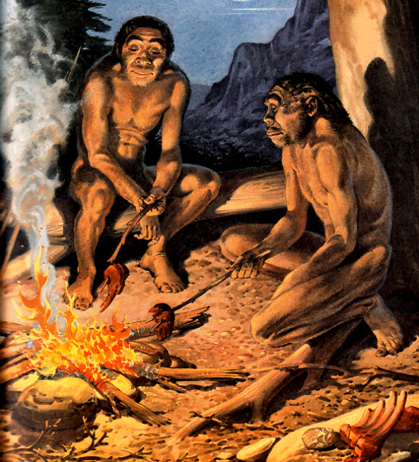 I see cavemen. I see meat. I see dirt. Whoa now - I DON'T see any Handi-Wipes! How the hell did we ever freakin' evolve!?!