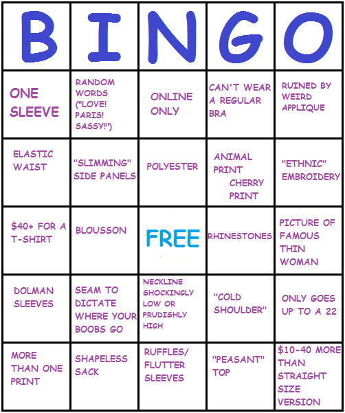 wtfplus:the completed plus size clothing bingo card.Bingo! BINGO! BIN-GO!!!!