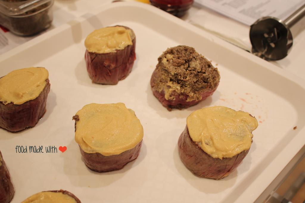 eye fillets smothered with dijon mustard and topped with mushroom duxelles