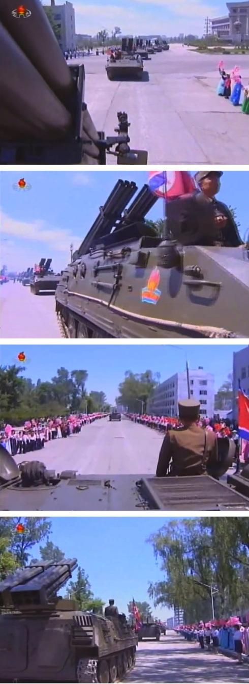 Sonyonho (children) multiple launch rocket systems [MLRS] parade through Hamhu'ng's city center on 1 June 2013 for delivery to Korean People's Army units (Photos: KCTV screengrabs)