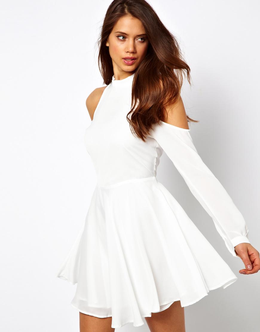 True Decadence Skater Dress with High Neck and Cold Shoulder, cutout dress