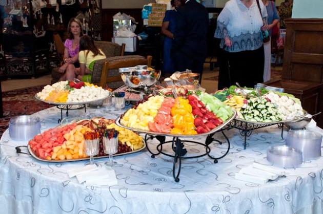 Peanut Butter Banana Chocolate Bars Top Girl's Wedding - buffet with co-worker in back