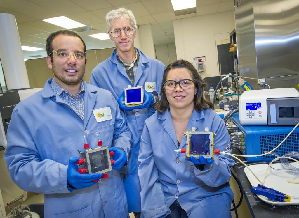 Microfluidic Test-Bed for Artificial Photosynthesis Testing Developed Miguel Modestino, Joel Ager and Rachel Segalman were part of the team that demonstrated the first fully integrated microfluidic test-bed for evaluating and optimizing solar-driven electrochemical energy conversion systems. (Photo by Roy Kaltschmidt)