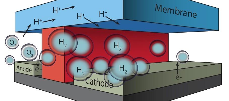 Microfluidic Test-Bed for Artificial Photosynthesis Testing Developed In this microfluidic test-bed, a chemically inert wall (red) separates anode from cathode and the channels in which O2 and H2 are generated by splitting water molecules. Protons (H+) are conducted from one channel to the other via a membrane cap (Nafion®) that also prevents the intermixing of the O2 and H2 product streams. (Credit: See citation at the end of this article)