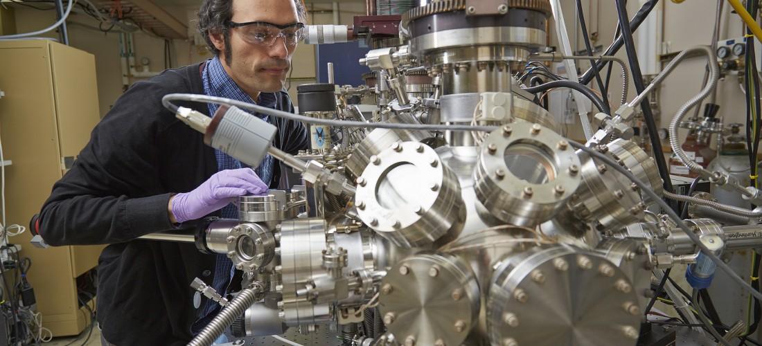Mosaic Pathways Open Way to Better Lithium-Ion Batteries Sandia National Laboratories physicist Farid El Gabaly aligns a lithium-iron-phosphate battery electrode sample for chemical characterization with X-ray photoelectron spectroscopy. The samples will then be thinly sliced for state-of-the-art synchrotron X-ray microscopy. (Photo by Jeff McMillan)