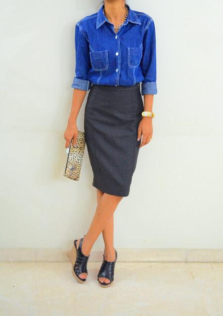 A denim shirt and a pencil skirt? You can't go wrong!