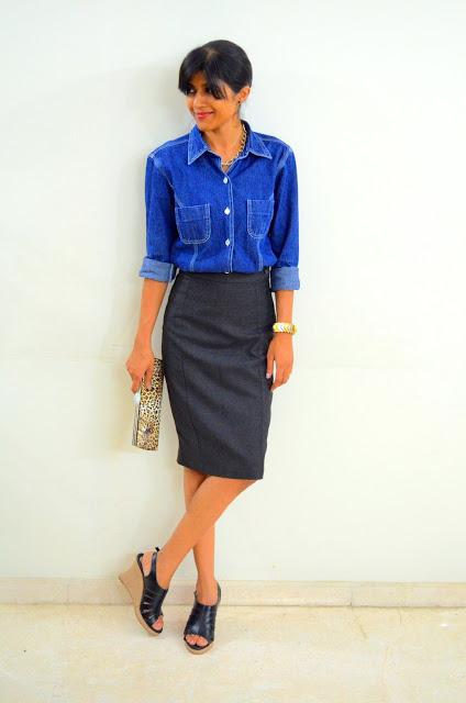 A denim shirt and a pencil skirt? You can't go wrong!