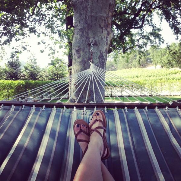Nook-And-Sea-Hammock-Striped-Rope-Fabric-Napa-Winery-Sandals-Brown-Payless-Relaxation-Vacation-Weekend-California-Country-Tree-View