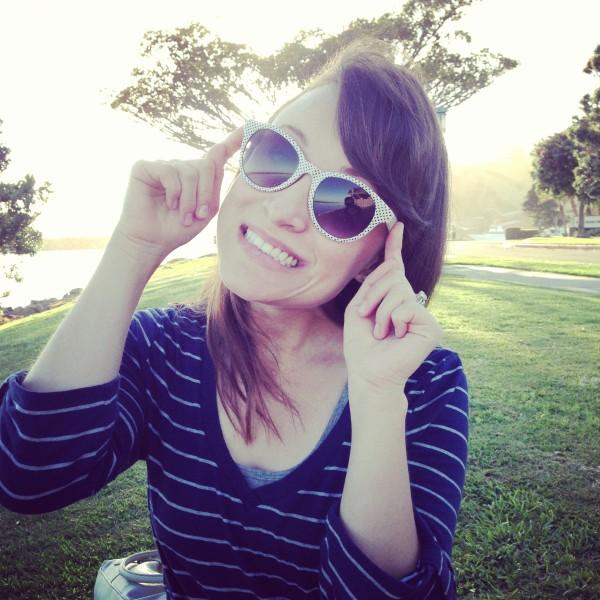 Nook-And-Sea-Polka-Dot-Sunglasses-Forever-21-Striped-Shirt-Grass-Picnic-Sunset-Outside-Side-Bangs
