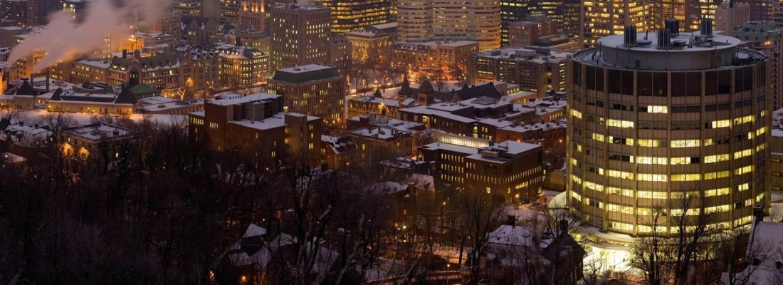 McGill's downtown campus at night viewed from Mount Royal. (Photo by DAVID ILIFF. License: CC-BY-SA 3.0)