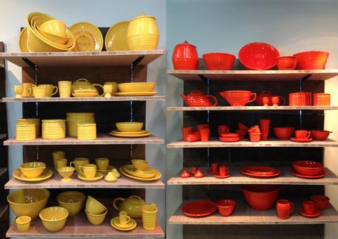 Orange and yellow ceramic pottery in Bauer Pottery Tokyo showroom