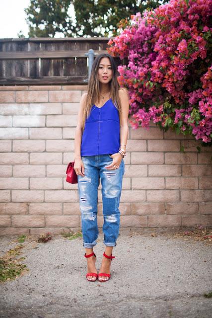 Red Ankle Strap Sandals and Destroyed Denim