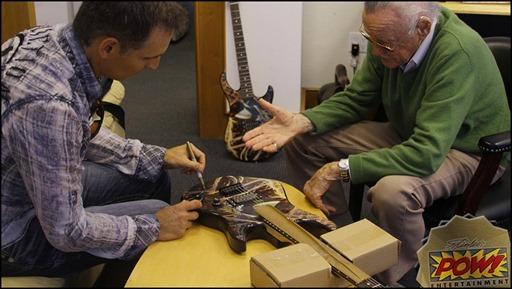 Stan Lee and Todd McFarlane signing SDCC Exclusive Spider-Man Limited Venom Edition Guitar