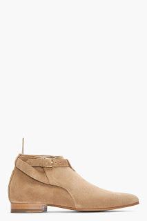 Refined Rock And Roll:  Saint Laurent Paris Beige Suede Strappy Ankle Boot