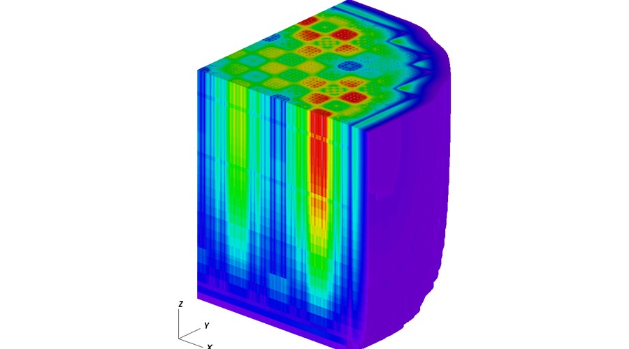 This CASL visualization shows the thermal distribution of neutrons in Watts Bar Unit 1 Cycle 1 reactor core at initial criticality, as calculated by the VERA program. (Image courtesy of Oak Ridge National Laboratory)
