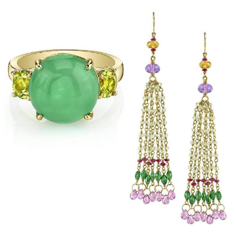 18K yellow gold ring with chrysoprase and Mali garnet by Suzanne Felsen; Right: 18K and 22K yellow gold earrings with golden beryl, amethyst, ruby, yellow beryl, tsavorite and pink sapphire by Mallary Marks