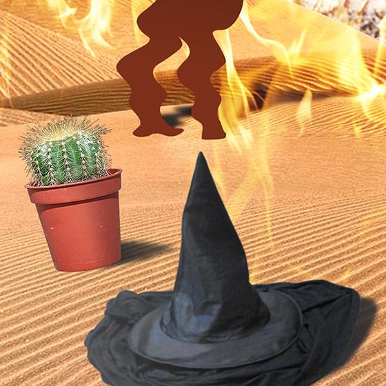 witch's hat puddle detail from photo-illustration titled Got Hydration? showing three silhouette golfers melting in desert on flaming burning sand surrounding by cactus, wicked witch hat puddle, and rusty water pump, being watched by giant buzzard or vulture