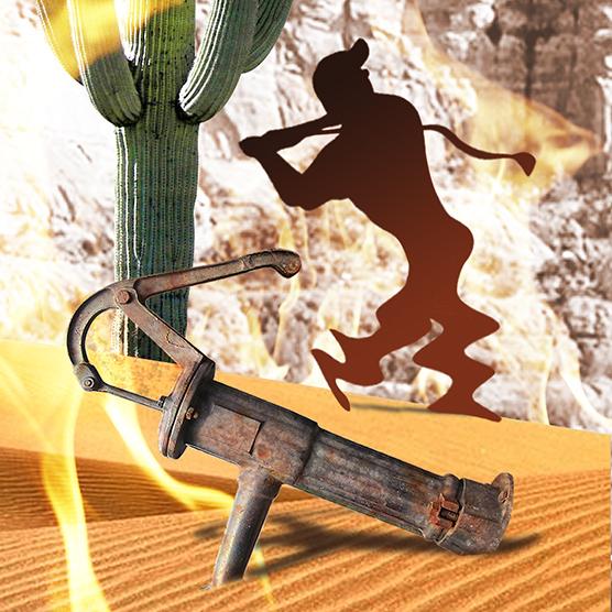 water pump detail from photo-illustration titled Got Hydration? showing three silhouette golfers melting in desert on flaming burning sand surrounding by cactus, wicked witch hat puddle, and rusty water pump, being watched by giant buzzard or vulture