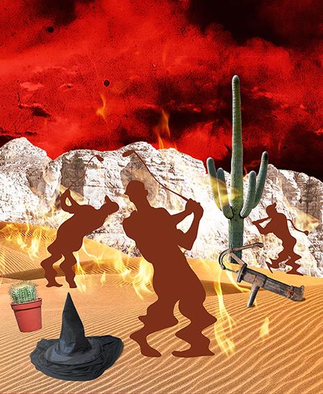 second stage of photo-illustration titled Got Hydration? showing three silhouette golfers melting in desert on flaming burning sand surrounding by cactus, wicked witch hat puddle, and rusty water pump, being watched by giant buzzard or vulture