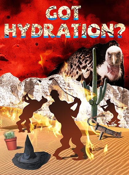 photo-illustration titled Got Hydration? showing three silhouette golfers melting in desert on flaming burning sand surrounding by cactus, wicked witch hat puddle, and rusty water pump, being watched by giant buzzard or vulture