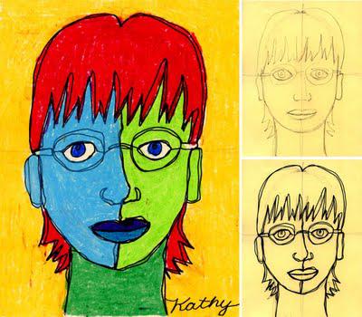 Self Portrait Line Drawing and Oil Pastels
