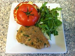 Breaded Chicken with Baked Stuffed Beef Tomatoes