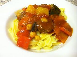 Meatballs with Chunky Veg served on a Bed of Tagliatelle